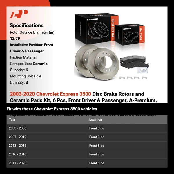 2003-2020 Chevrolet Express 3500 Disc Brake Rotors and Ceramic Pads Kit, 6 Pcs, Front Driver & Passenger, A-Premium, APBRPR1779