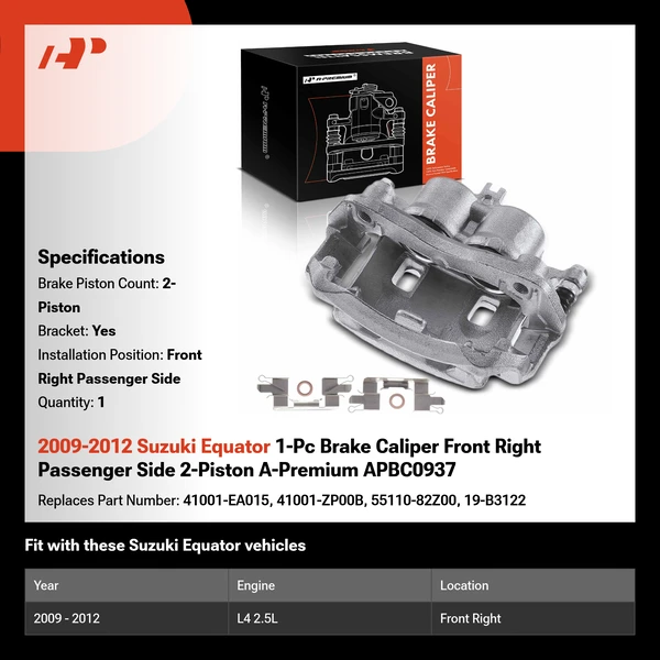 2009-2012 Suzuki Equator 1-Pc Brake Caliper Front Right Passenger Side 2-Piston A-Premium APBC0937