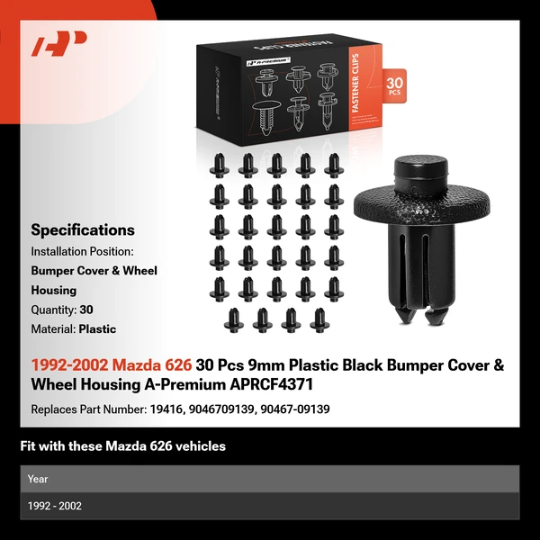 1992-2002 Mazda 626 30 Pcs 9mm Plastic Black Bumper Cover & Wheel Housing A-Premium APRCF4371