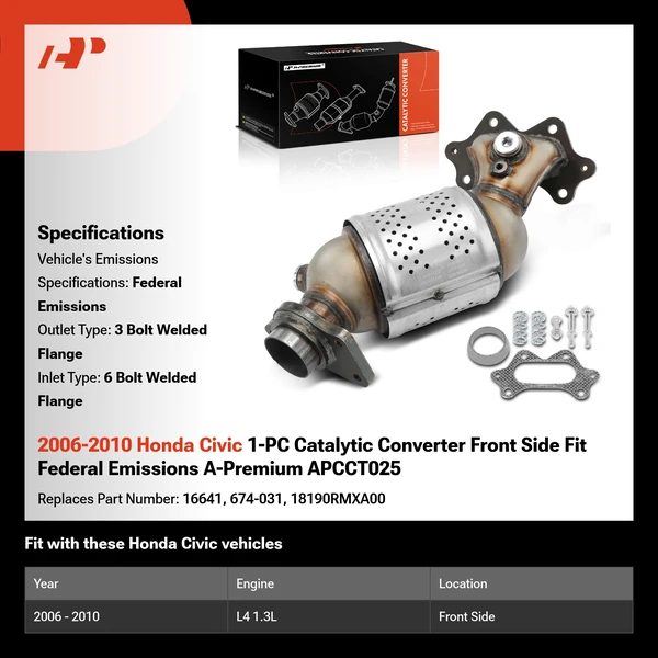 2006-2010 Honda Civic 1-PC Catalytic Converter Front Side Fit Federal Emissions A-Premium APCCT025