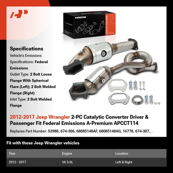 2012-2017 Jeep Wrangler 2-PC Catalytic Converter Driver & Passenger Fit Federal Emissions A-Premium APCCT114