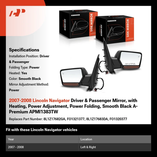 2007-2008 Lincoln Navigator Driver & Passenger Mirror, with Heating, Power Adjustment, Power Folding, Smooth Black A-Premium APMI1383TW