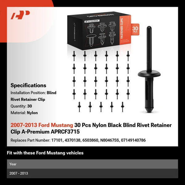 2007-2013 Ford Mustang 30 Pcs Nylon Black Blind Rivet Retainer Clip A-Premium APRCF3715
