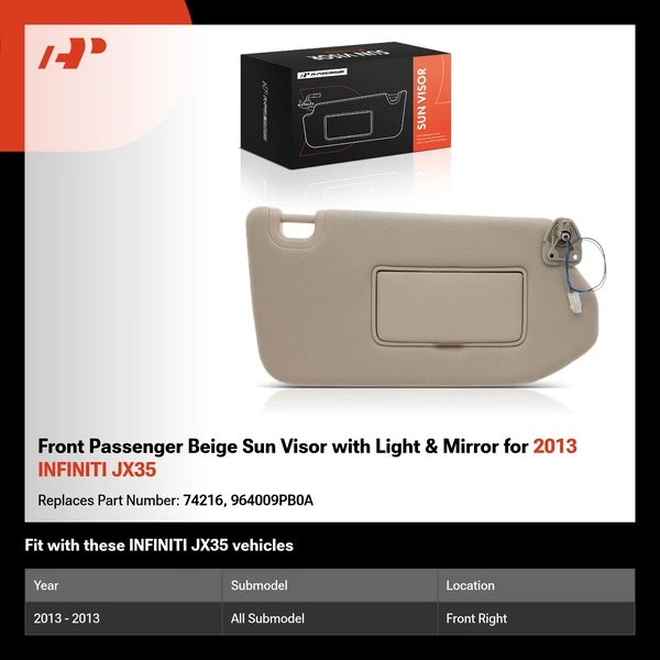Front Passenger Beige Sun Visor with Light & Mirror for 2013 INFINITI JX35