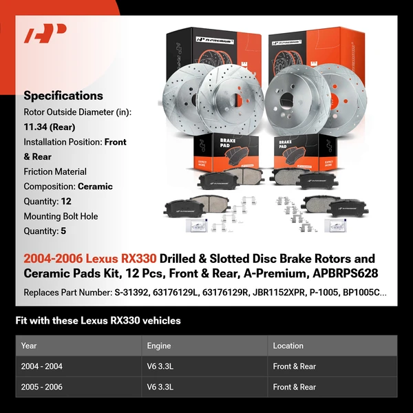 2004-2006 Lexus RX330 Drilled & Slotted Disc Brake Rotors and Ceramic Pads Kit, 12 Pcs, Front & Rear, A-Premium, APBRPS628