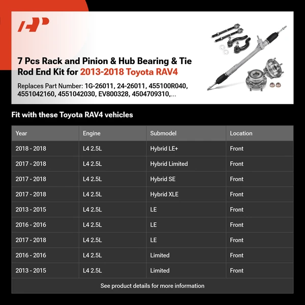 7 Pcs Rack and Pinion & Hub Bearing & Tie Rod End Kit for 2013-2018 Toyota RAV4