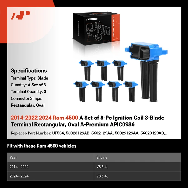 2014-2022 2024 Ram 4500 A Set of 8-Pc Ignition Coil 3-Blade Terminal Rectangular, Oval A-Premium APIC0986