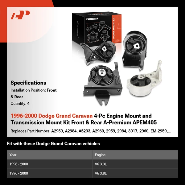 1996-2000 Dodge Grand Caravan 4-Pc Engine Mount and Transmission Mount Kit Front & Rear A-Premium APEM405