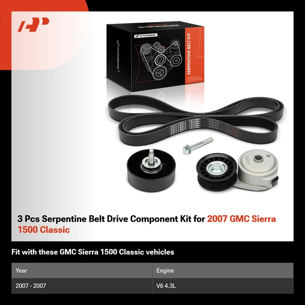 3 Pcs Serpentine Belt Drive Component Kit for 2007 GMC Sierra 1500 Classic