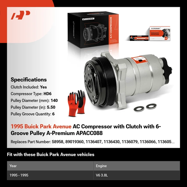 1995 Buick Park Avenue AC Compressor with Clutch with 6-Groove Pulley A-Premium APACC088