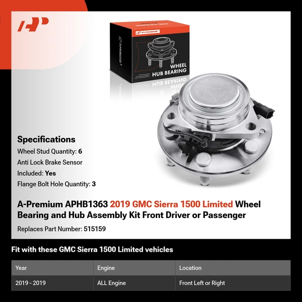A-Premium APHB1363 2019 GMC Sierra 1500 Limited Wheel Bearing and Hub Assembly Kit Front Driver or Passenger