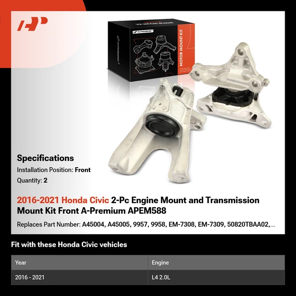 2016-2021 Honda Civic 2-Pc Engine Mount and Transmission Mount Kit Front A-Premium APEM588