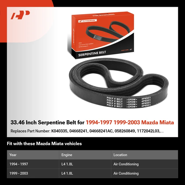 33.46 Inch Serpentine Belt for 1994-1997 1999-2003 Mazda Miata