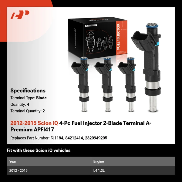 2012-2015 Scion iQ 4-Pc Fuel Injector 2-Blade Terminal A-Premium APFI417