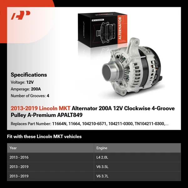 2013-2019 Lincoln MKT Alternator 200A 12V Clockwise 4-Groove Pulley A-Premium APALT849