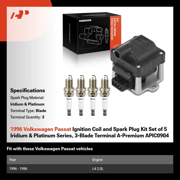 1996 Volkswagen Passat Ignition Coil and Spark Plug Kit Set of 5 Iridium & Platinum Series, 3-Blade Terminal A-Premium APIC0904
