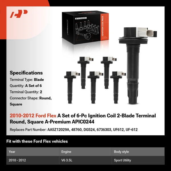 2010-2012 Ford Flex A Set of 6-Pc Ignition Coil 2-Blade Terminal Round, Square A-Premium APIC0244