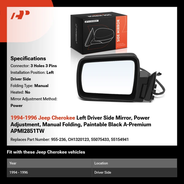 1994-1996 Jeep Cherokee Left Driver Side Mirror, Power Adjustment, Manual Folding, Paintable Black A-Premium APMI2851TW