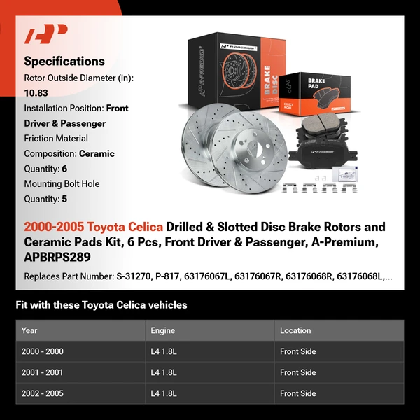 2000-2005 Toyota Celica Drilled & Slotted Disc Brake Rotors and Ceramic Pads Kit, 6 Pcs, Front Driver & Passenger, A-Premium, APBRPS289
