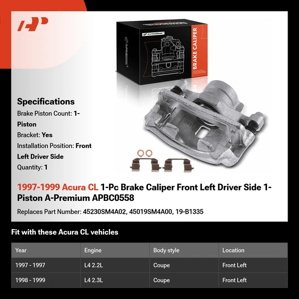 1997-1999 Acura CL 1-Pc Brake Caliper Front Left Driver Side 1-Piston A-Premium APBC0558