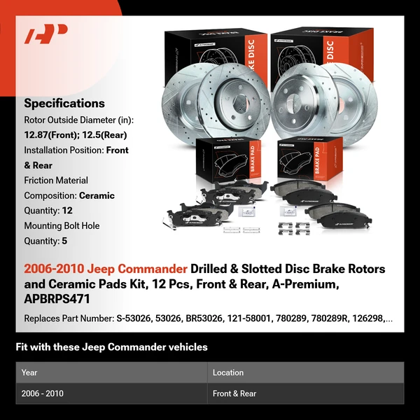 2006-2010 Jeep Commander Drilled & Slotted Disc Brake Rotors and Ceramic Pads Kit, 12 Pcs, Front & Rear, A-Premium, APBRPS471