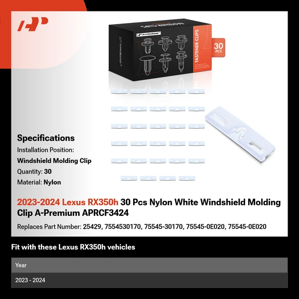 2023-2024 Lexus RX350h 30 Pcs Nylon White Windshield Molding Clip A-Premium APRCF3424