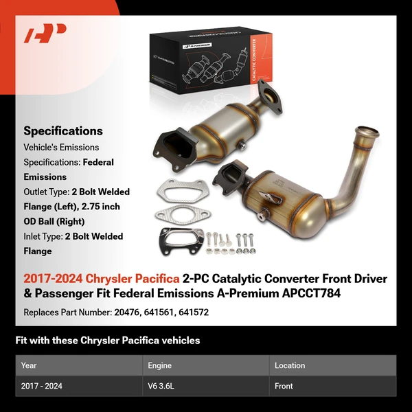 2017-2024 Chrysler Pacifica 2-PC Catalytic Converter Front Driver & Passenger Fit Federal Emissions A-Premium APCCT784