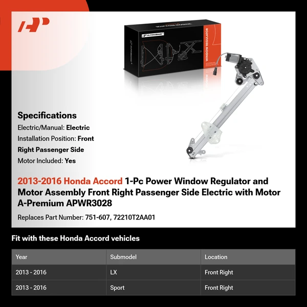 2013-2016 Honda Accord 1-Pc Power Window Regulator and Motor Assembly Front Right Passenger Side Electric with Motor A-Premium APWR3028