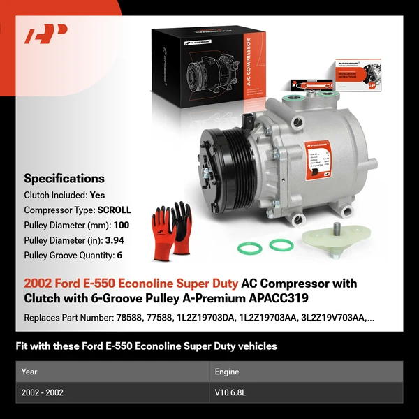 2002 Ford E-550 Econoline Super Duty AC Compressor with Clutch with 6-Groove Pulley A-Premium APACC319