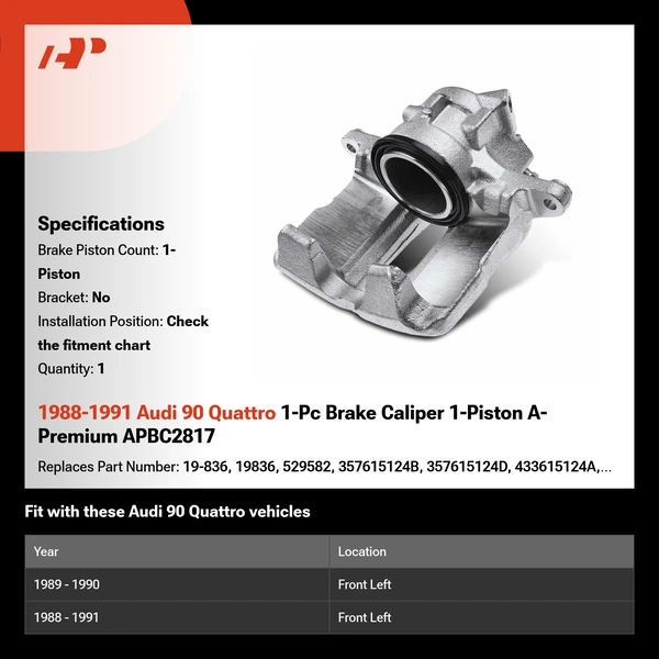 1988-1991 Audi 90 Quattro 1-Pc Brake Caliper 1-Piston A-Premium APBC2817