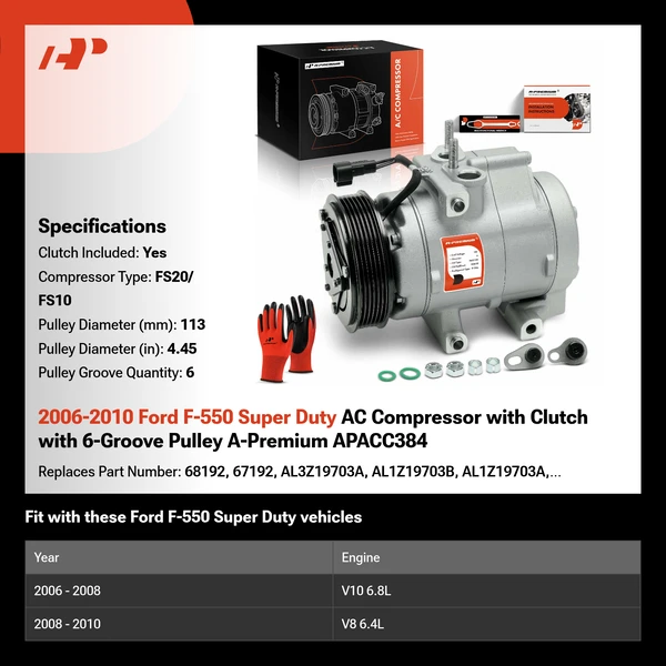 2006-2010 Ford F-550 Super Duty AC Compressor with Clutch with 6-Groove Pulley A-Premium APACC384