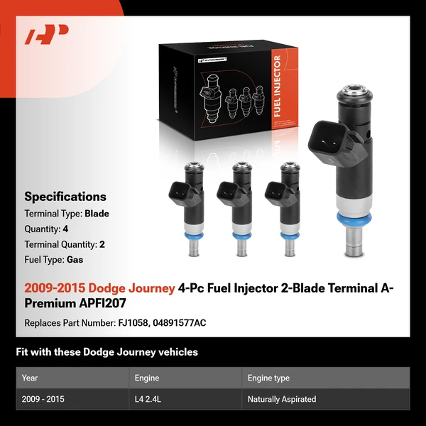 2009-2015 Dodge Journey 4-Pc Fuel Injector 2-Blade Terminal A-Premium APFI207