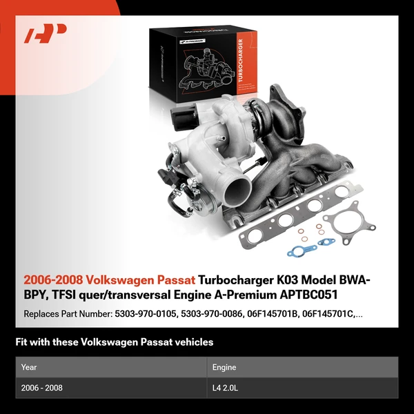 2006-2008 Volkswagen Passat Turbocharger K03 Model BWA-BPY, TFSI quer/transversal Engine A-Premium APTBC051