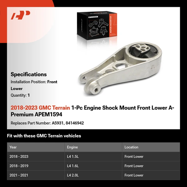 2018-2023 GMC Terrain 1-Pc Engine Shock Mount Front Lower A-Premium APEM1594