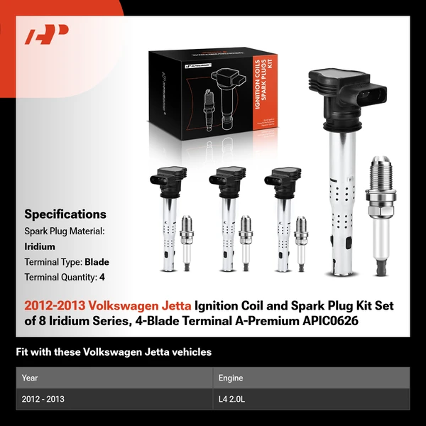 2012-2013 Volkswagen Jetta Ignition Coil and Spark Plug Kit Set of 8 Iridium Series, 4-Blade Terminal A-Premium APIC0626