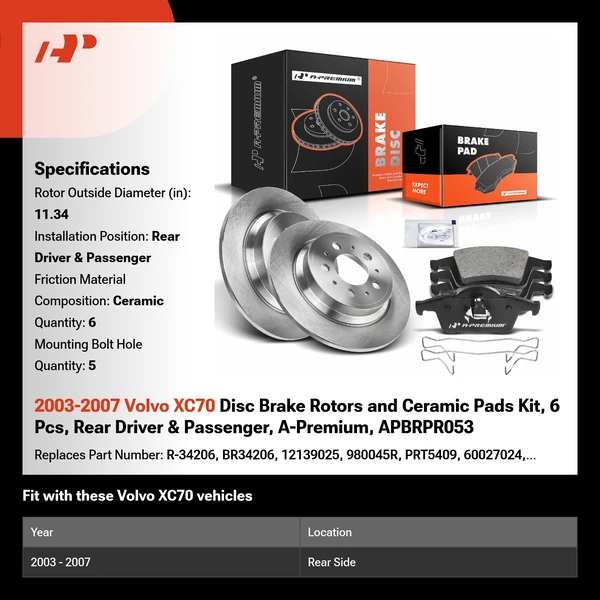 2003-2007 Volvo XC70 Disc Brake Rotors and Ceramic Pads Kit, 6 Pcs, Rear Driver & Passenger, A-Premium, APBRPR053