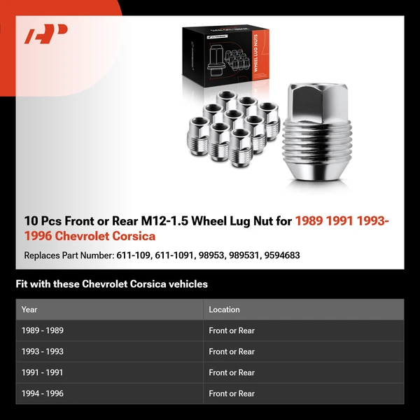 10 Pcs Front or Rear M12-1.5 Wheel Lug Nut for 1989 1991 1993-1996 Chevrolet Corsica