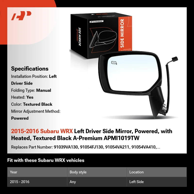 2015-2016 Subaru WRX Left Driver Side Mirror, Powered, with Heated, Textured Black A-Premium APMI1019TW