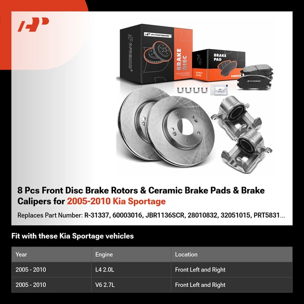 8 Pcs Front Disc Brake Rotors & Ceramic Brake Pads & Brake Calipers for 2005-2010 Kia Sportage