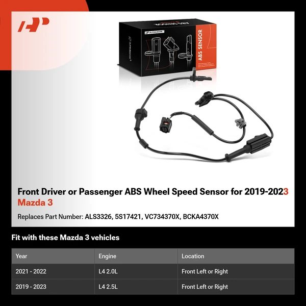 Front Driver or Passenger ABS Wheel Speed Sensor for 2019-2023 Mazda 3