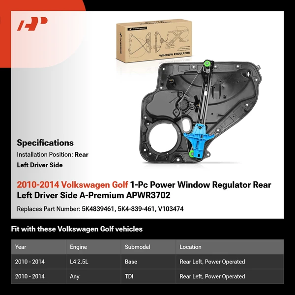 2010-2014 Volkswagen Golf 1-Pc Power Window Regulator Rear Left Driver Side A-Premium APWR3702