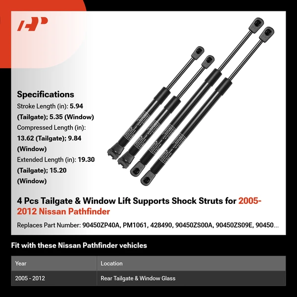 4 Pcs Tailgate & Window Lift Supports Shock Struts for 2005-2012 Nissan Pathfinder