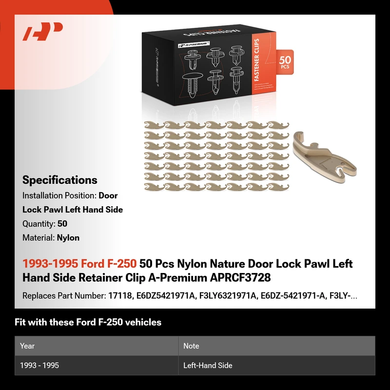 1993-1995 Ford F-250 50 Pcs Nylon Nature Door Lock Pawl Left Hand Side Retainer Clip A-Premium APRCF3728