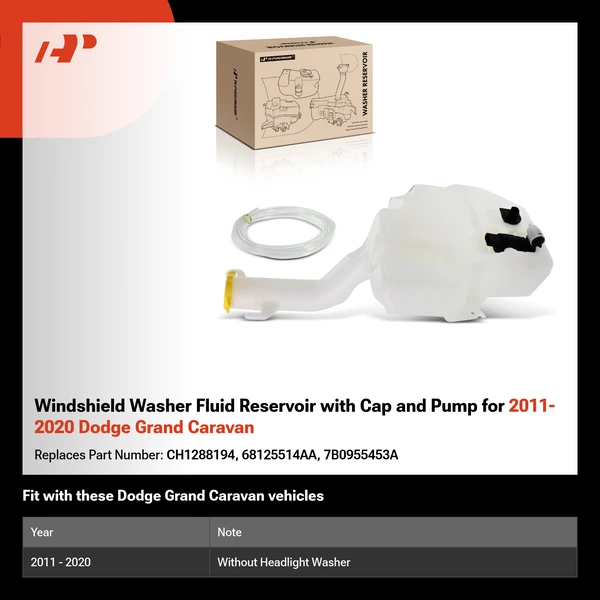 Windshield Washer Fluid Reservoir with Cap and Pump for 2011-2020 Dodge Grand Caravan