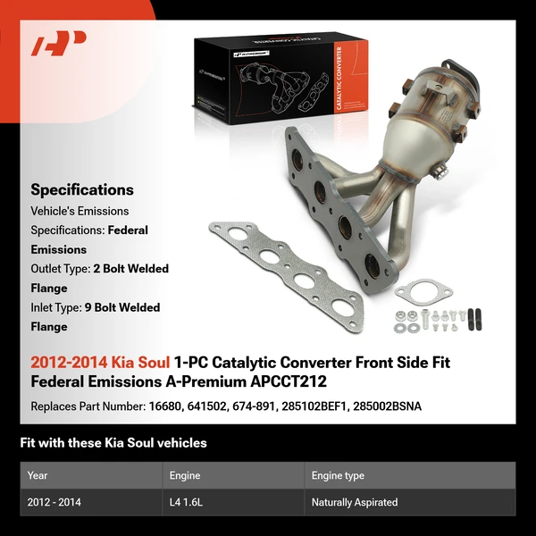 2012-2014 Kia Soul 1-PC Catalytic Converter Front Side Fit Federal Emissions A-Premium APCCT212