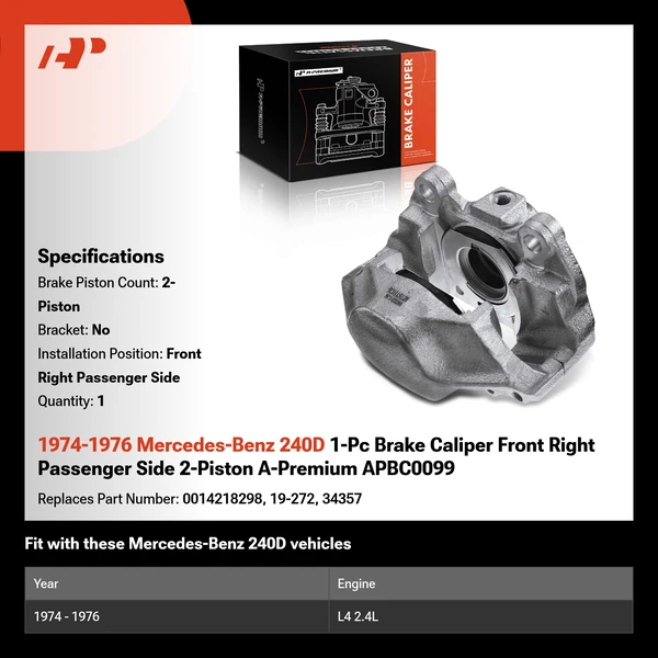 1974-1976 Mercedes-Benz 240D 1-Pc Brake Caliper Front Right Passenger Side 2-Piston A-Premium APBC0099