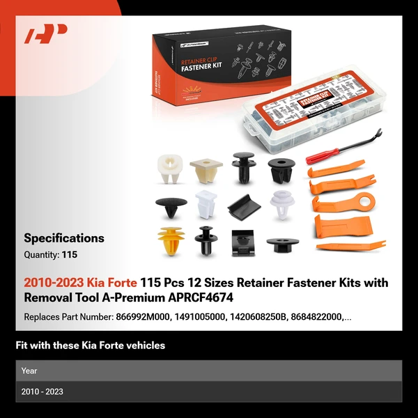 2010-2023 Kia Forte 115 Pcs 12 Sizes Retainer Fastener Kits with Removal Tool A-Premium APRCF4674