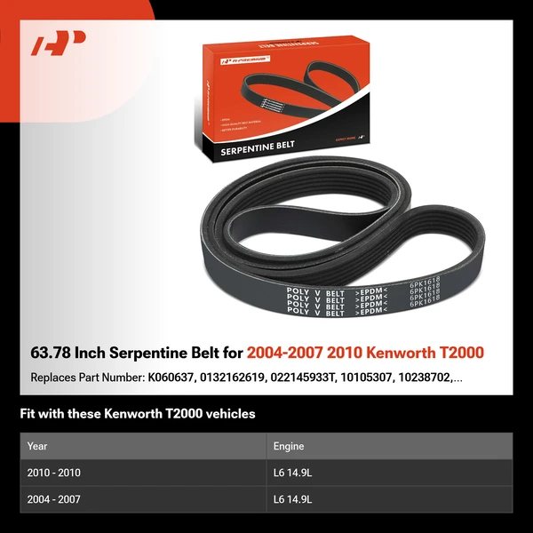 63.78 Inch Serpentine Belt for 2004-2007 2010 Kenworth T2000