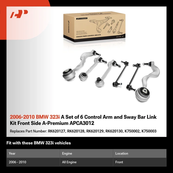 2006-2010 BMW 323i A Set of 6 Control Arm and Sway Bar Link Kit Front Side A-Premium APCA3012