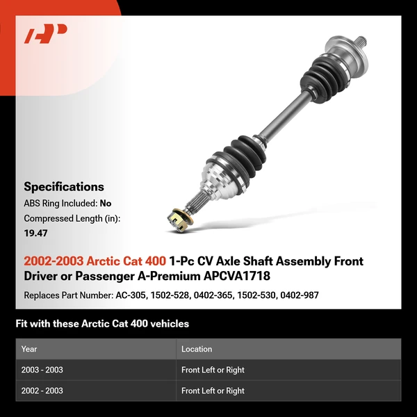 2002-2003 Arctic Cat 400 1-Pc CV Axle Shaft Assembly Front Driver or Passenger A-Premium APCVA1718